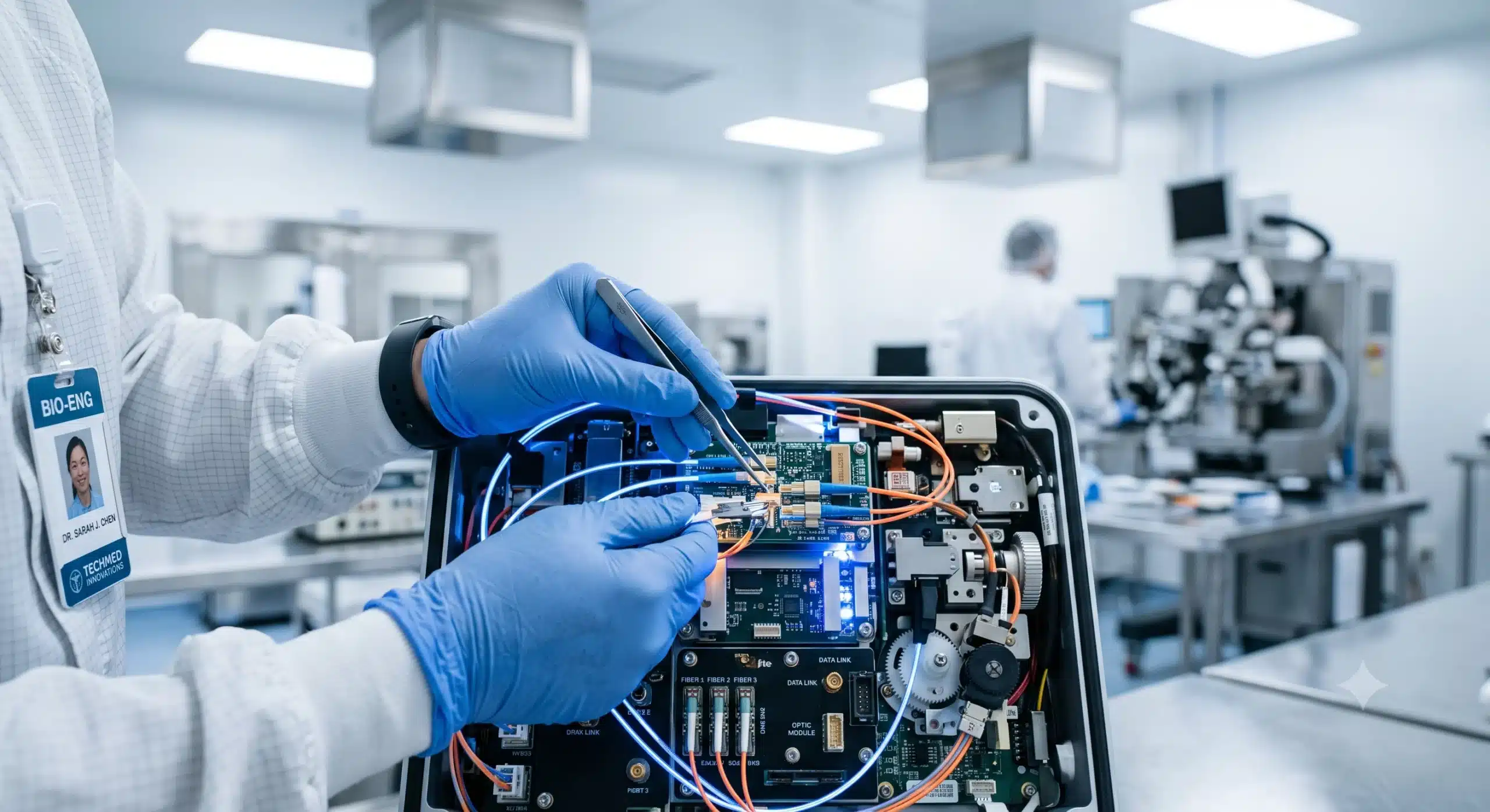 Close-up of a biomedical engineer in blue sterile gloves using micro-tweezers on an intricate fiber-optic circuit board inside a bright cleanroom facility.